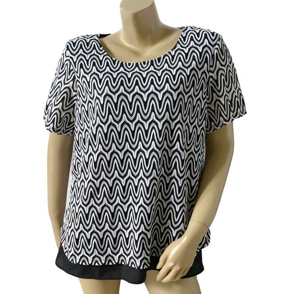 ALFRED DUNNER Womens Size Large Short Sleeve Lined Black White Scoop Neck Shirt - Picture 1 of 8